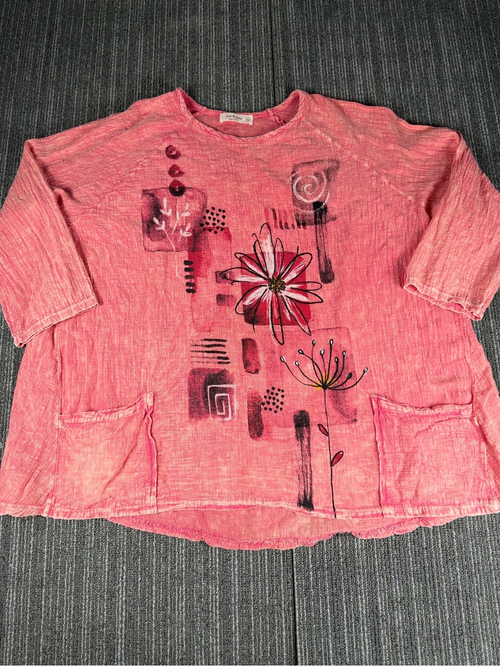 Jess & Jane Women’s Pink Floral Knit 100% Cotton 3/4 Sleeve Top Pockets XL